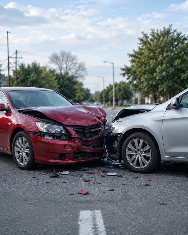 Two cars, red and silver, in a front-end collision on a city street